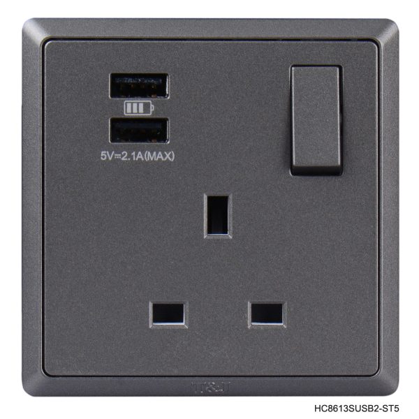 Normal Single Socket with 2USB Ports - Matt Black In Colour