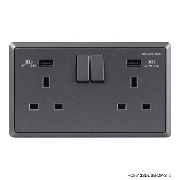 Normal Twin Socket with 2 USB Ports- Champagne Grey in Colour