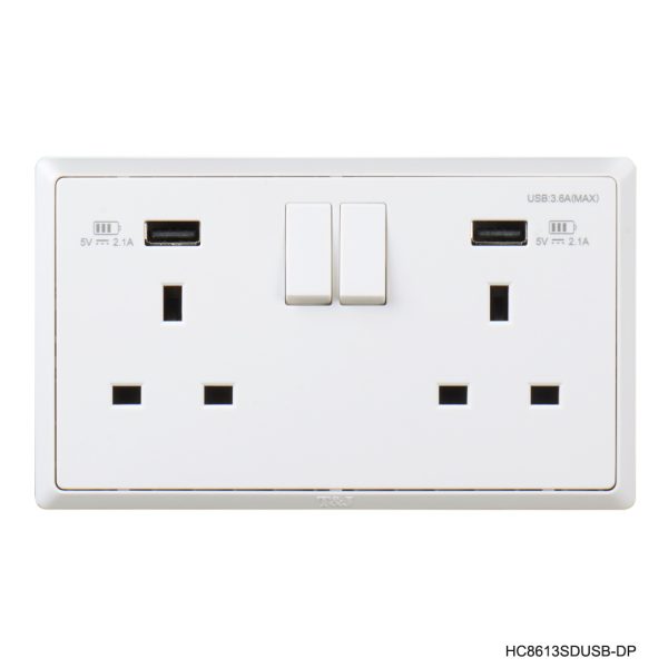 Normal Twin Socket with 2 USB Ports- White in Colour